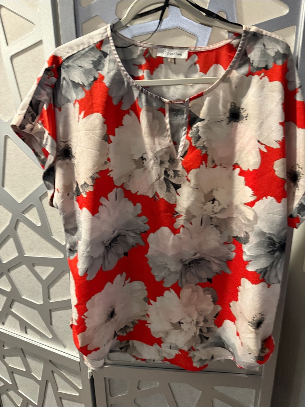 Calvin Klein Red and Gray Floral Print Shell